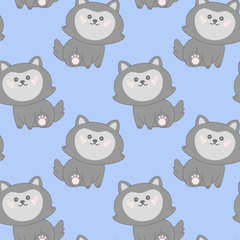 Seamless pattern with grey kawaii wolf sitting and smiling on blue background. Adorable pattern for baby design, kids fabric, digital scrapbooking or cute paper goods. Hand-drawn vector illustration