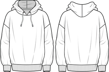 Unisex Oversize Hooded Sweatshirt. Technical fashion illustration with cord. Front and back, in white colour. Unisex CAD mock-up.