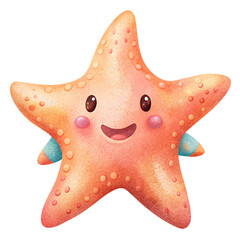 A cheerful starfish smiles brightly against a black background. Its orange body is speckled with small dots, and it has tiny, expressive eyes. This charming illustration evokes joy and wonder.