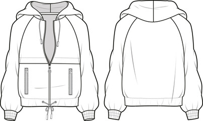 Unisex Zip Front, Hooded Sweatshirt. Technical fashion sweatshirt illustration. Front and back, in white color. Unisex CAD mock-up.