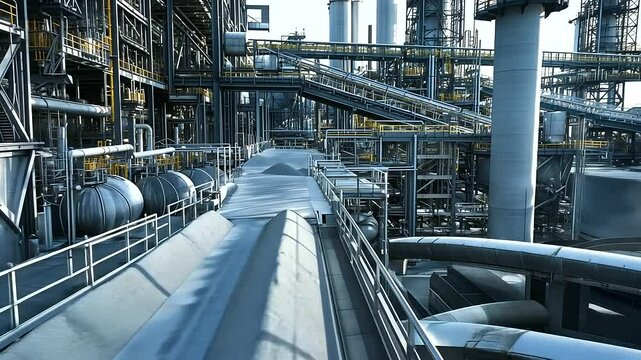 Industrial cement factory landscape showing complex piping systems, rotating mixers turning raw materials into fine cement powder, and multiple conveyor belts crisscrossing the fac