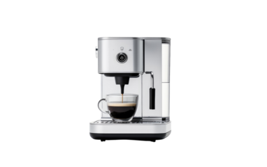 Sleek espresso machine brewing rich coffee against a black background with a modern design and glass cup