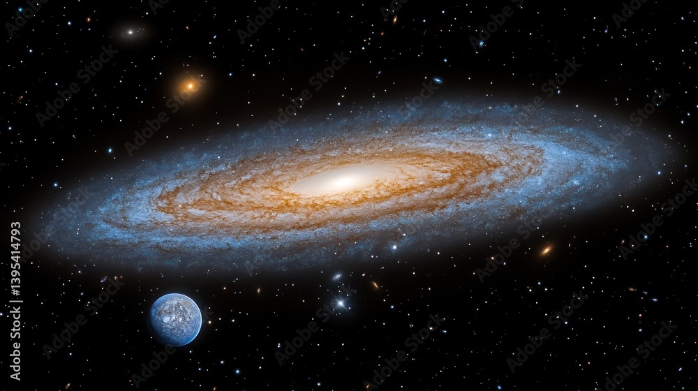 Poster spiral galaxy with planet and stars in deep space.