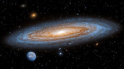Fototapeta premium Spiral galaxy with planet and stars in deep space.