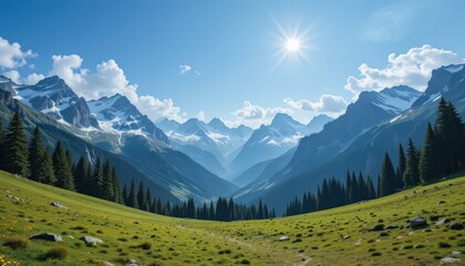 Fototapeta premium Majestic Mountain Landscape with Lush Green Valley and Blue Sky