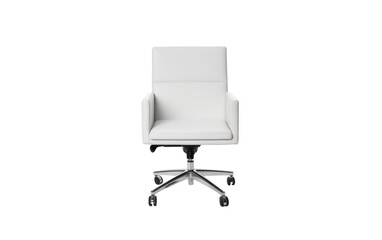 Fototapeta premium Sleek white leather office chair with chrome base and wheels against a black background Perfect for modern office design