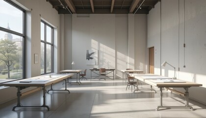 Modern Creative Workspace with Large Windows and Natural Light