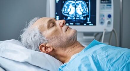 Obraz premium A patient resting in a hospital bed with a medical imaging machine displaying a brain scan in the background.