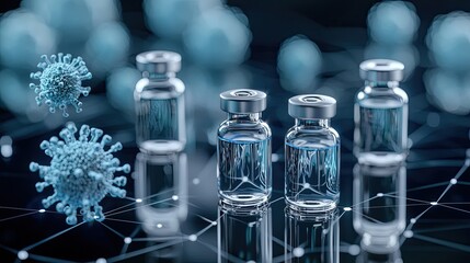 A collection of vaccine vials surrounded by a digital representation of viruses, highlighting advancements in healthcare and immunization.