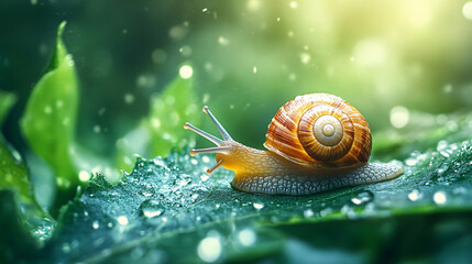 A snail with its antennae extended, slowly crawling on a wet leaf in a natural garden setting