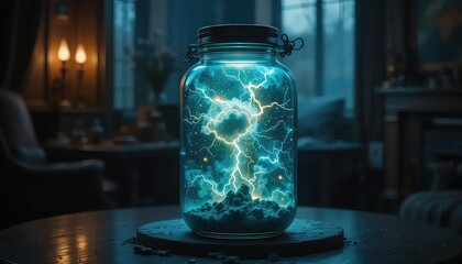 Glass Jar Encapsulating a Mystical Storm:  A Dark, Enchanting Digital Painting