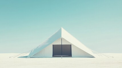 A minimalist white tent stands alone under a clear blue sky, simple and serene.