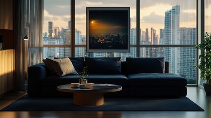 Modern Apartment Living Room with City View at Sunset