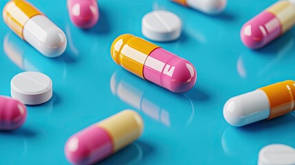 A colorful arrangement of pills and capsules on a vibrant blue background, showcasing various shapes and sizes in a visually appealing layout.