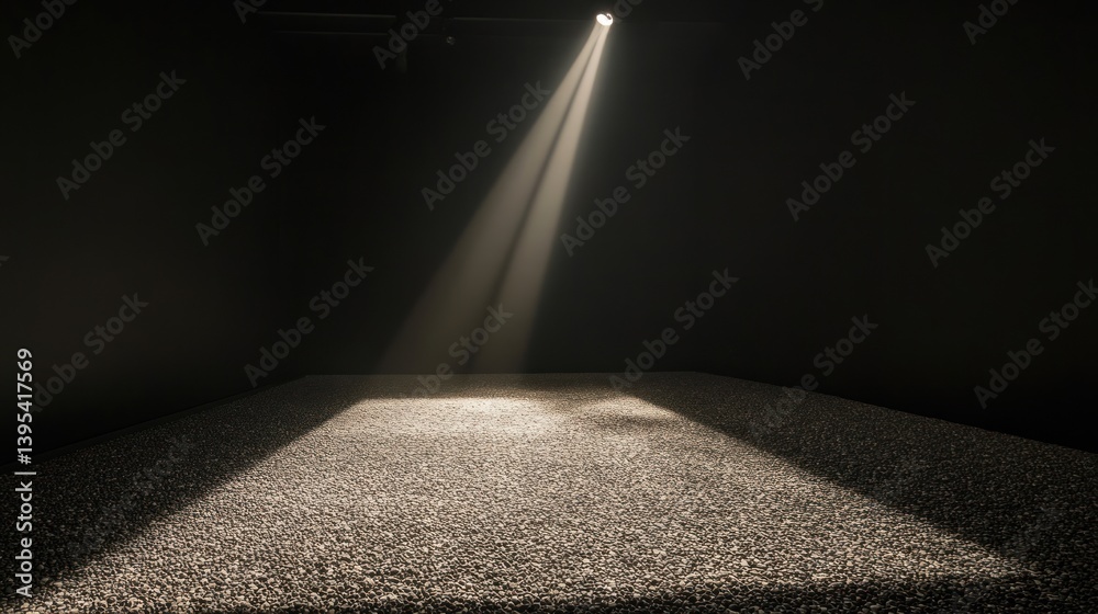 Poster spotlight illuminates a textured, granular surface in a dark room, creating dramatic light and shado