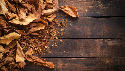 Tobacco dried leaves on wooden table top view