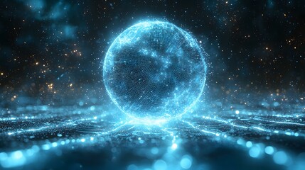 Obraz premium 3D wireframe model of an exploding sphere with light pulses traveling along its axis, clean sci-fi backdrop