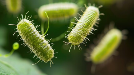Naklejka premium A close-up view of green, spiky structures resembling bacteria or microorganisms floating in a lush, green environment.