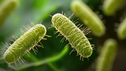Naklejka premium Two green, spiky microorganisms are visible against a blurred green background, showcasing intricate details and textures.