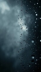 Obraz premium Raindrops on glass surface, moody atmosphere, reflecting light, dark cloudy background