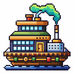 Fototapeta premium Colorful Pixel Art Steamship on Blue Water Retro Styled Pixelated Ship Illustration