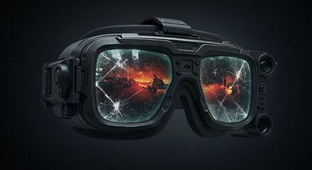 Futuristic Military Goggles Displaying a War Scene with Cracked Lenses Revealing a Fiery Battlefield and Armored Vehicles, Emphasizing Advanced Technology and Conflict