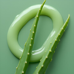 Two aloe vera stalks lie across a circular shape of aloe vera gel, all on a light green surface.
