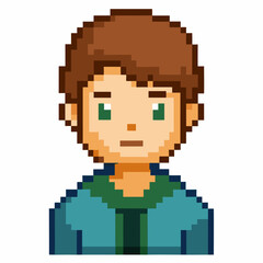 Obraz premium Pixel Art Boy Character with Green Eyes and Brown Hair in Blue Hoodie