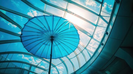 Blue Umbrella Under Glass Ceiling