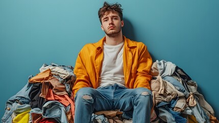 A man surrounded by discarded clothes contemplating waste and consumption  long title A young casually dressed man sits amidst a scattered pile of