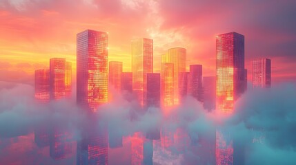 Fototapeta premium Abstract skyline of geometric towers floating on clouds, glowing softly against peach dusk gradient sky