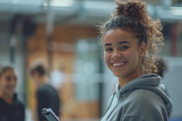 Fototapeta premium Smiling Female Coach with Clipboard in Gym Class