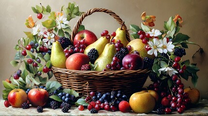 Lush Fruit Basket with Apples, Pears, Berries and Fresh Flowers