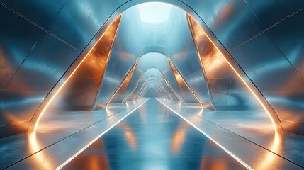 Abstract tunnel made of shifting triangular glass panels with mirror reflections and infinite perspective