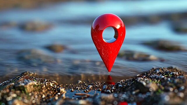 Red Location Pin in a Rocky Puddle: A Symbol of Discovery and Adventure