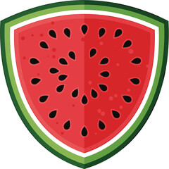 Watermelon Slice Emblem: A vibrant, graphic watermelon slice, its juicy red flesh contrasted by dark seeds, encased within a shield-shaped emblem, a refreshing design for culinary concepts.