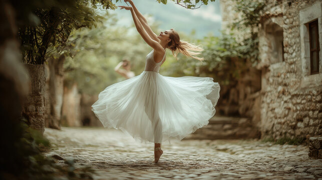 A graceful ballerina in a flowing white tutu performs a captivating arabesque pose in a picturesque cobblestone alleyway of a historic European village. - Powered by Adobe