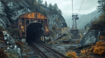 An abandoned coal mine with old, rusty equipment and a cableway running through a picturesque European landscape
