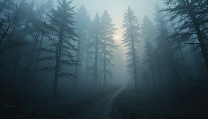 Obraz premium Misty Forest Pathway Surrounded by Tall Trees in Soft Fog Light