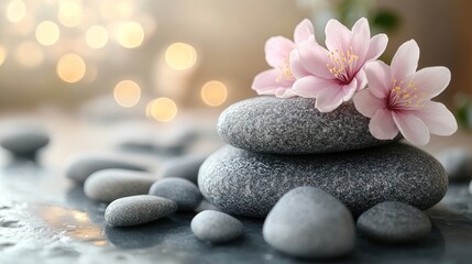 Fototapeta premium Stacked gray stones with pink flowers, bokeh lights background.