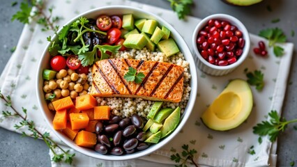 Healthy salmon bowl recipe kitchen food photography bright environment close-up wellness inspiration