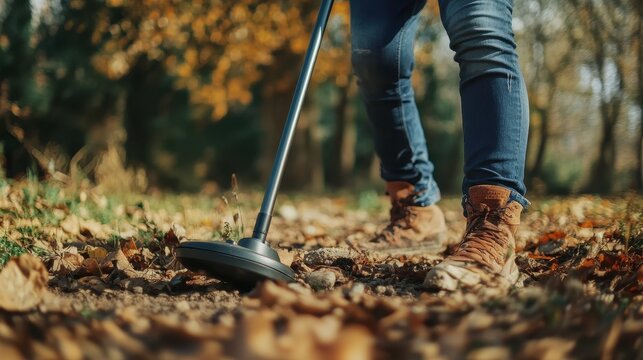 A person using a metal detector searching for buried items outside