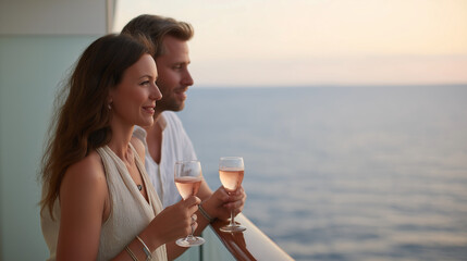 Couple enjoying sunset cocktails on a cruise ship balcony