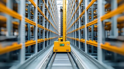 Automated high tech warehouse storage and retrieval system with shelves and racks for efficient modern logistics and inventory management