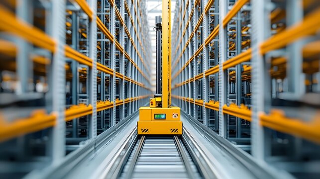 Automated high tech warehouse storage and retrieval system with shelves and racks for efficient modern logistics and inventory management
