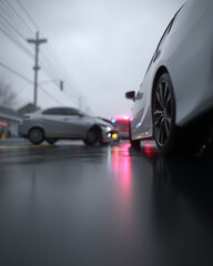 Fototapeta premium Realistic traffic accident scene with two damaged cars on wet road under cloudy sky, emergency lights reflecting