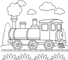 Charming Black and White Train Coloring Page Illustration for Kids © Milon Store
