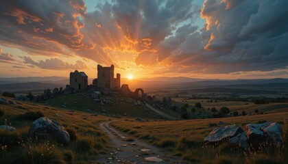 Majestic Sunset Over Ruined Castle on Rolling Hills Under Clouds