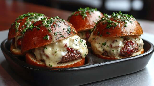 Four gourmet cheese-stuffed mini burgers topped with herbs.