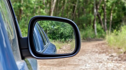 Fototapeta premium Car Side Mirror Reflecting Forest Road View